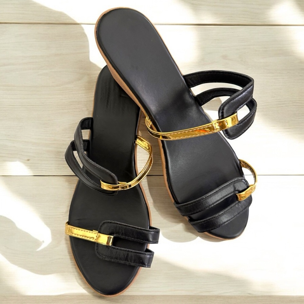 Elegant Black and Gold Women's Wedge Sandals